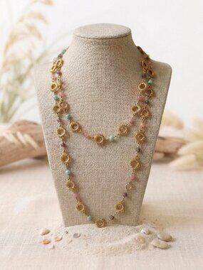 Gold Chain Necklace, Multi Colored Beads Long Layered, Glass Beads, Boho Chic